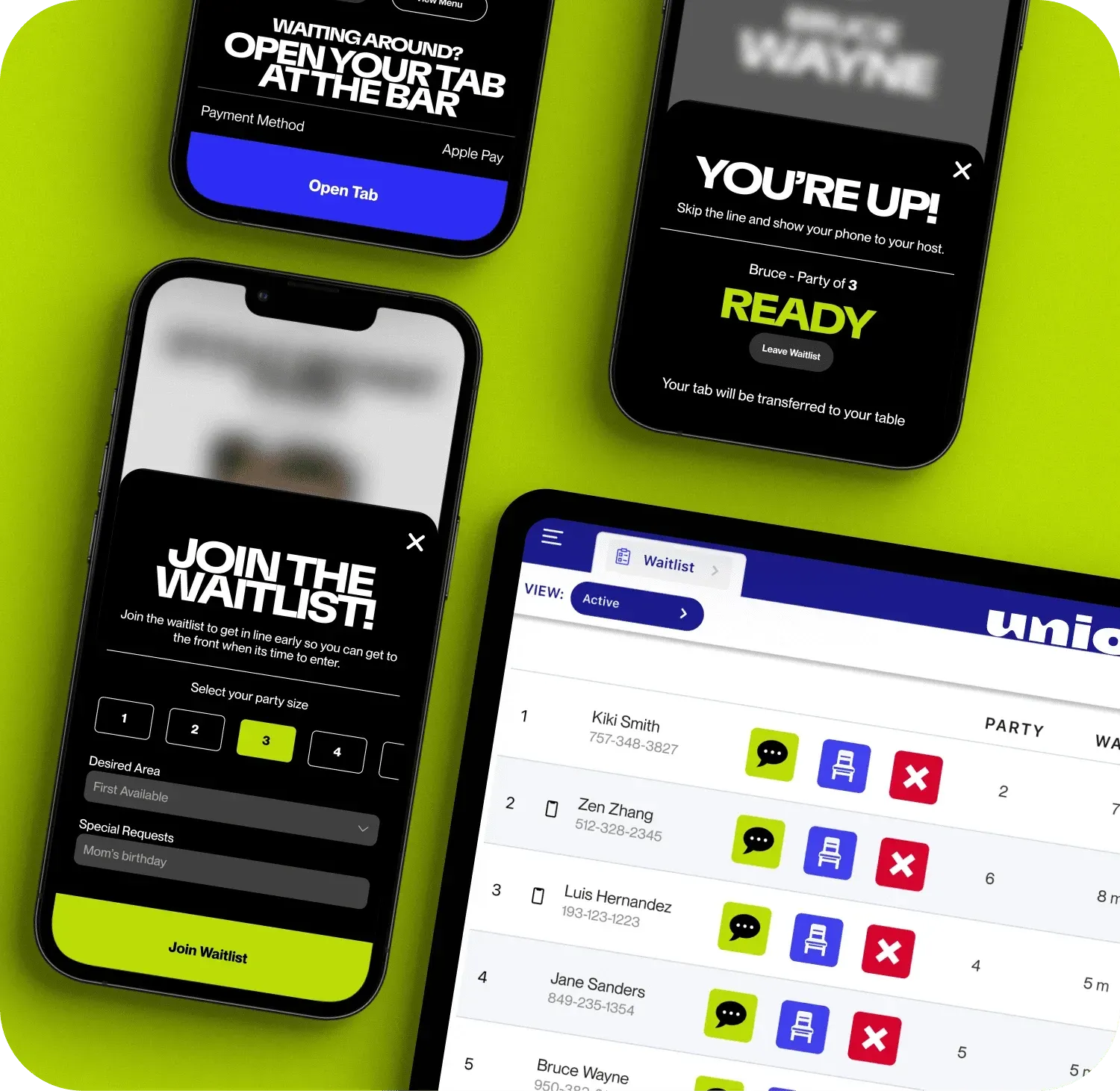 Three app screens on a neon green background, showing signup and dashboard UI designs.