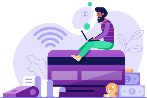 Illustration of a man using a laptop while sitting on stacked purple cash and coins, with Wi‑Fi symbols nearby