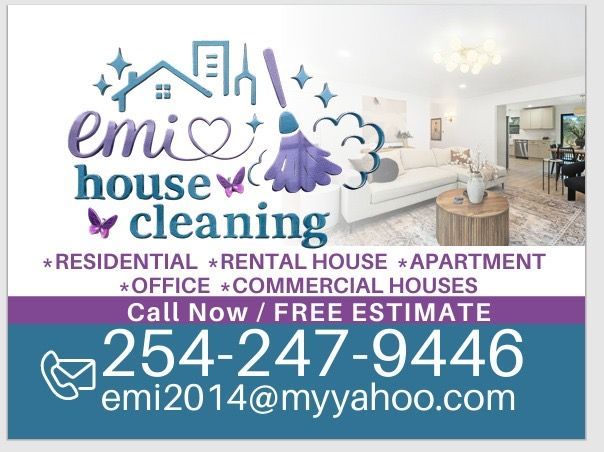 Emi House Cleaning ad with phone number, email, and services for residential and commercial cleaning