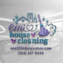 Logo for Emi House Cleaning with purple and blue house and cleaning icons, email, and phone number