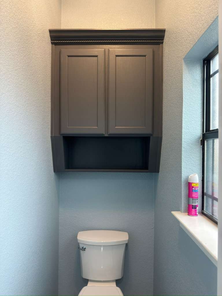 Small bathroom with toilet, dark wall cabinet above, and a window on the right.