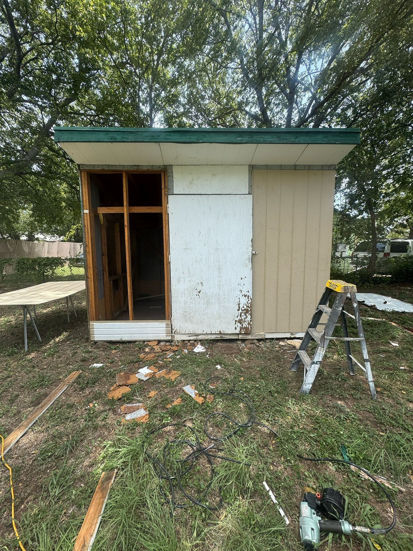 Small shed under construction with open doorway, white panel wall, and a ladder in a grassy yard.