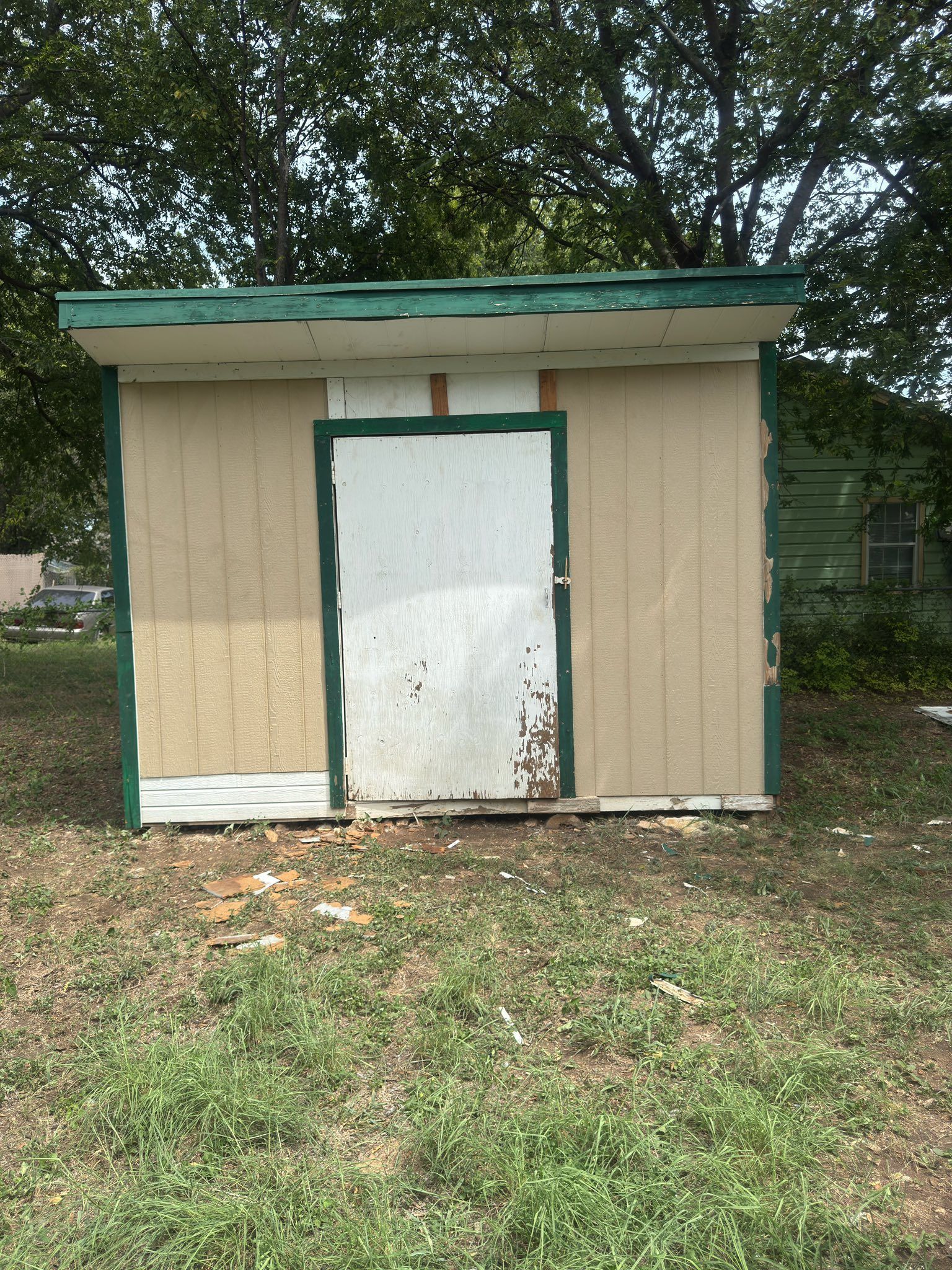 Small beige shed with green trim and a white door in a grassy yard under trees.
