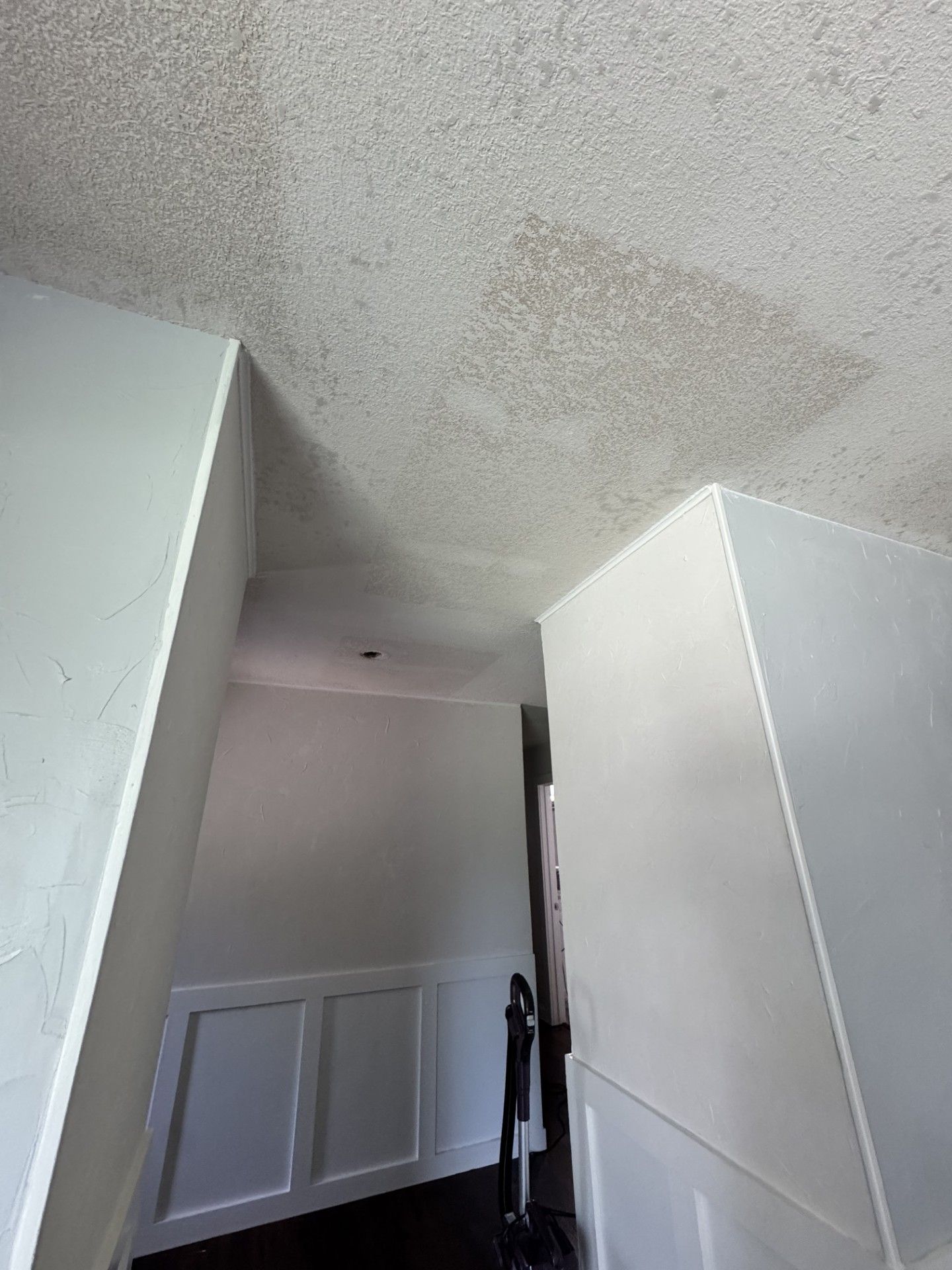 Water-stained ceiling above a hallway with white walls and a partially open door