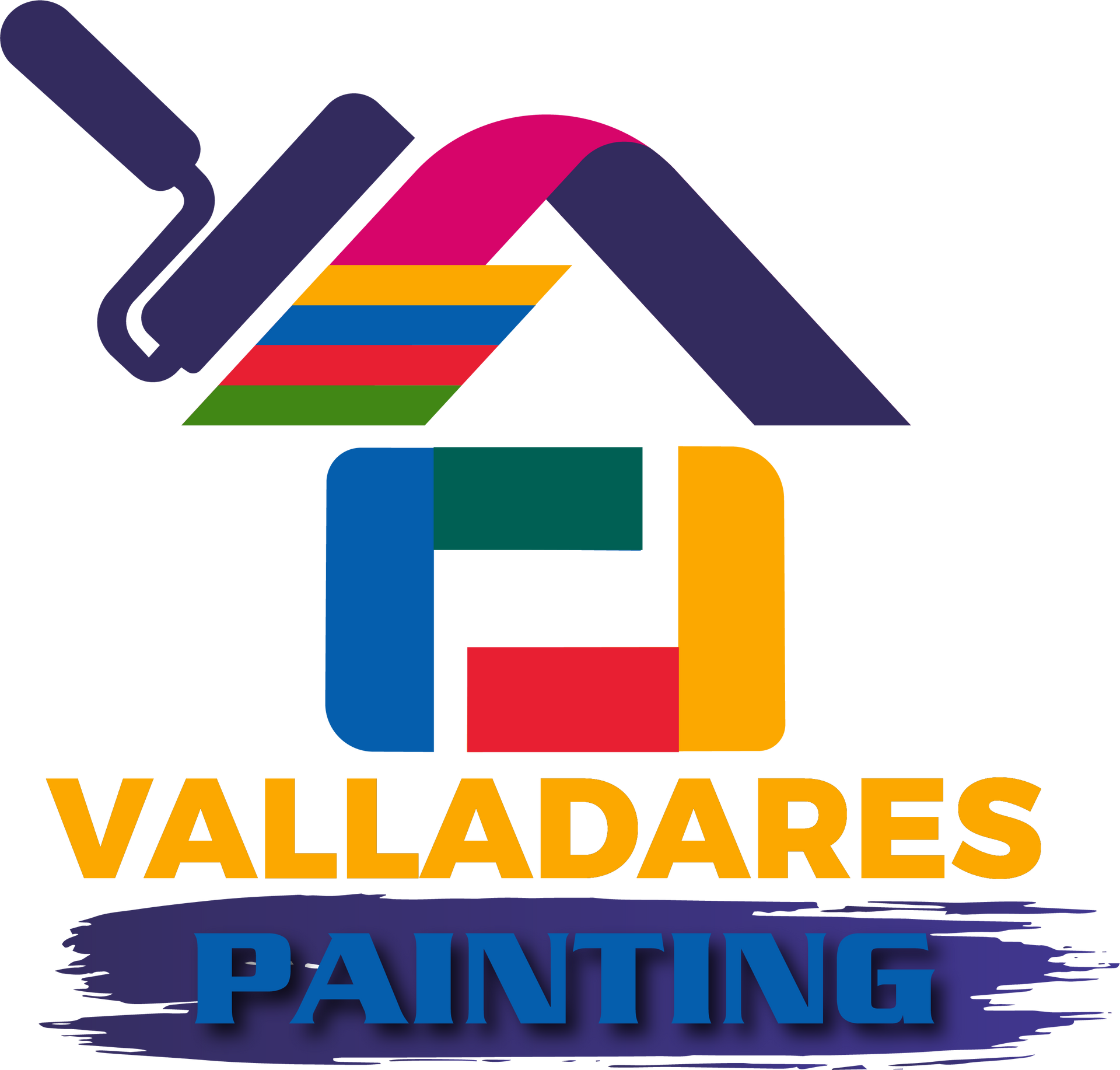 Valladares Painting logo with stylized house, multicolor stripes, and blue brushstroke text.