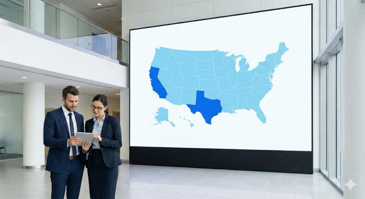 Two professionals examine a tablet, a map of the US on a large screen behind them, highlighting certain states in blue.