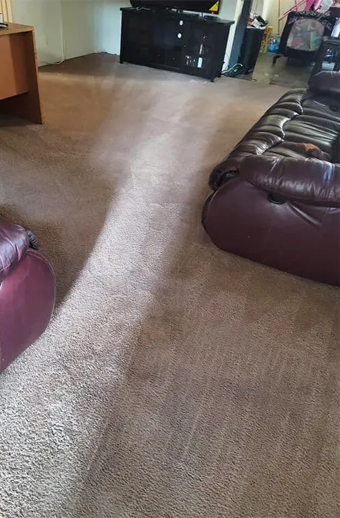 Living room with beige carpet, brown leather sofas, and a black TV stand.