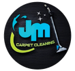 JM Carpet Cleaning logo with blue and lime text, sparkling accents, and a vacuum on a black textured background