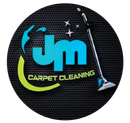 JM Carpet Cleaning logo with blue and lime text, sparkling accents, and a vacuum on a black textured background