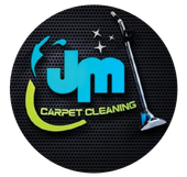 JM Carpet Cleaning logo with blue and lime text, sparkling accents, and a vacuum on a black textured background