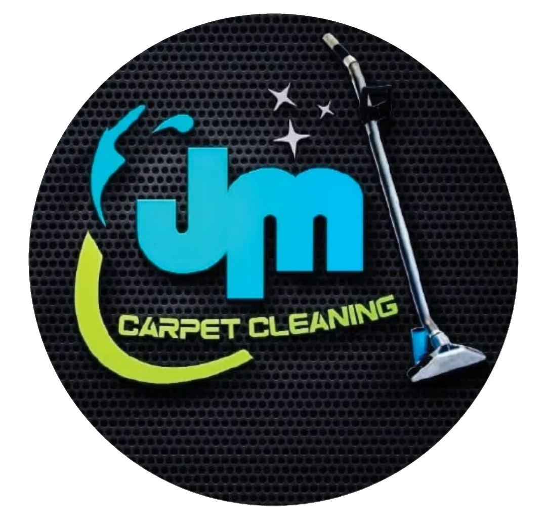 JM Carpet Cleaning logo with blue and lime text, sparkling accents, and a vacuum on a black textured background