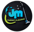 JM Carpet Cleaning logo with blue and lime text, sparkling accents, and a vacuum on a black textured background