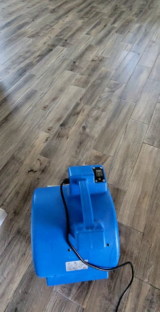 Blue floor machine on a wooden floor, viewed from above