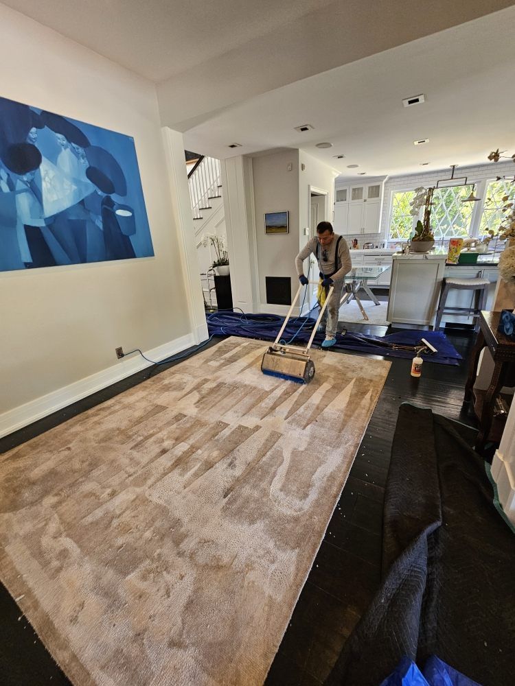 Person vacuuming a large rug in a bright living room with modern furniture and wall art