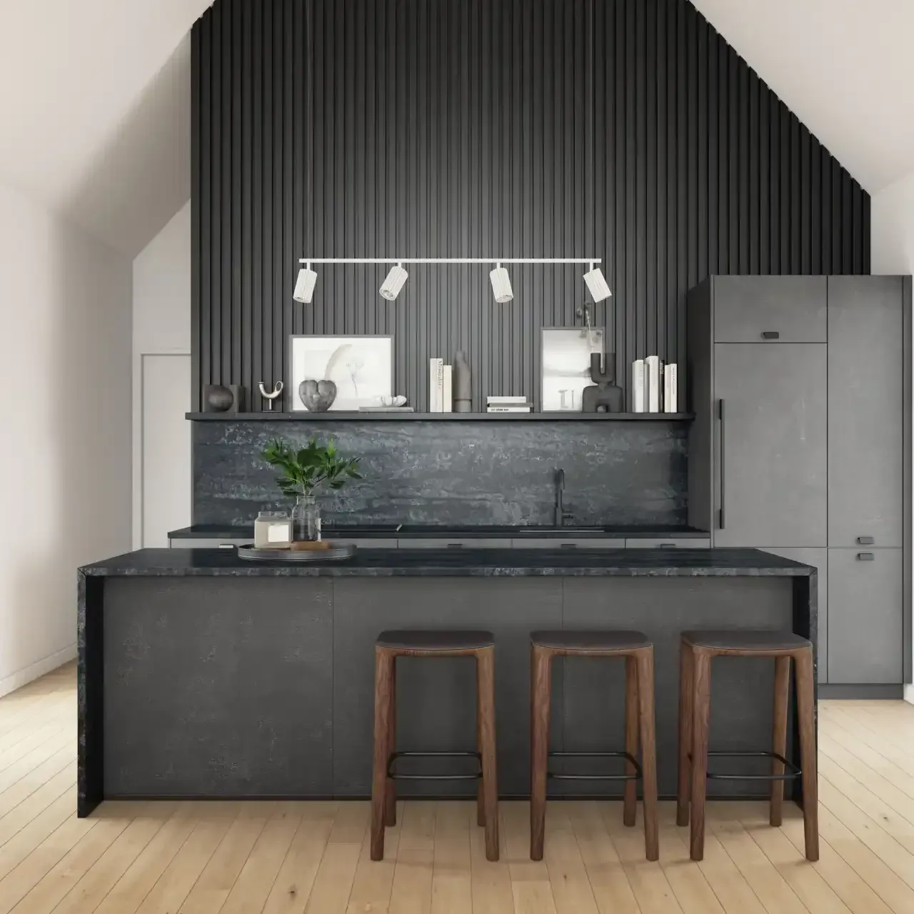 Modern kitchen with dark gray cabinetry, a matching island with stools, and wooden floors. Dark paneling on the wall adds contrast.