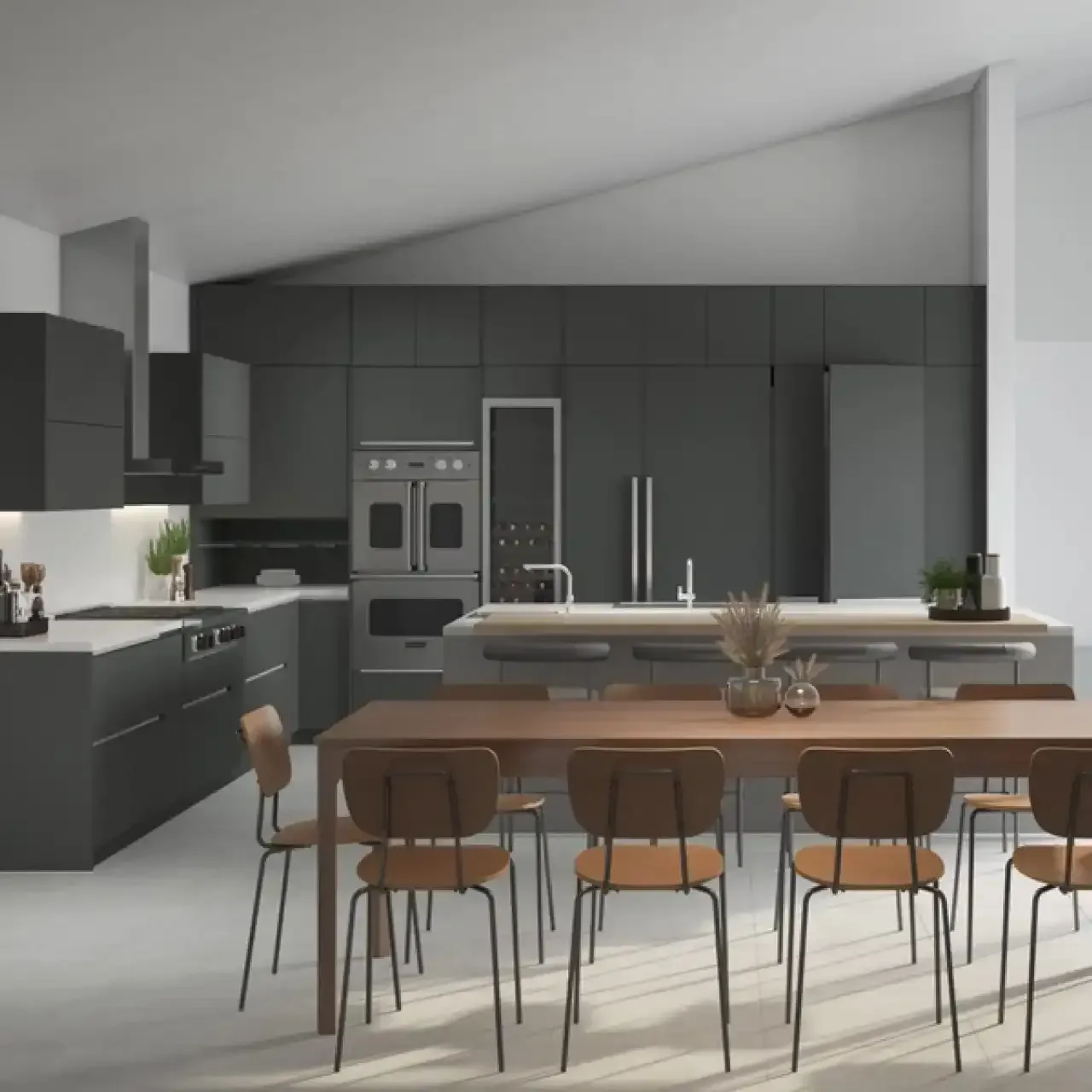 Modern kitchen with dark gray cabinets, stainless steel appliances, and a wooden dining table with chairs.