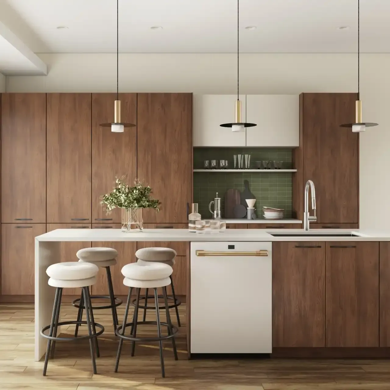A modern kitchen with wooden cabinetry, a white island, and white appliances. Three pendant lights hang above the island with bar stools.
