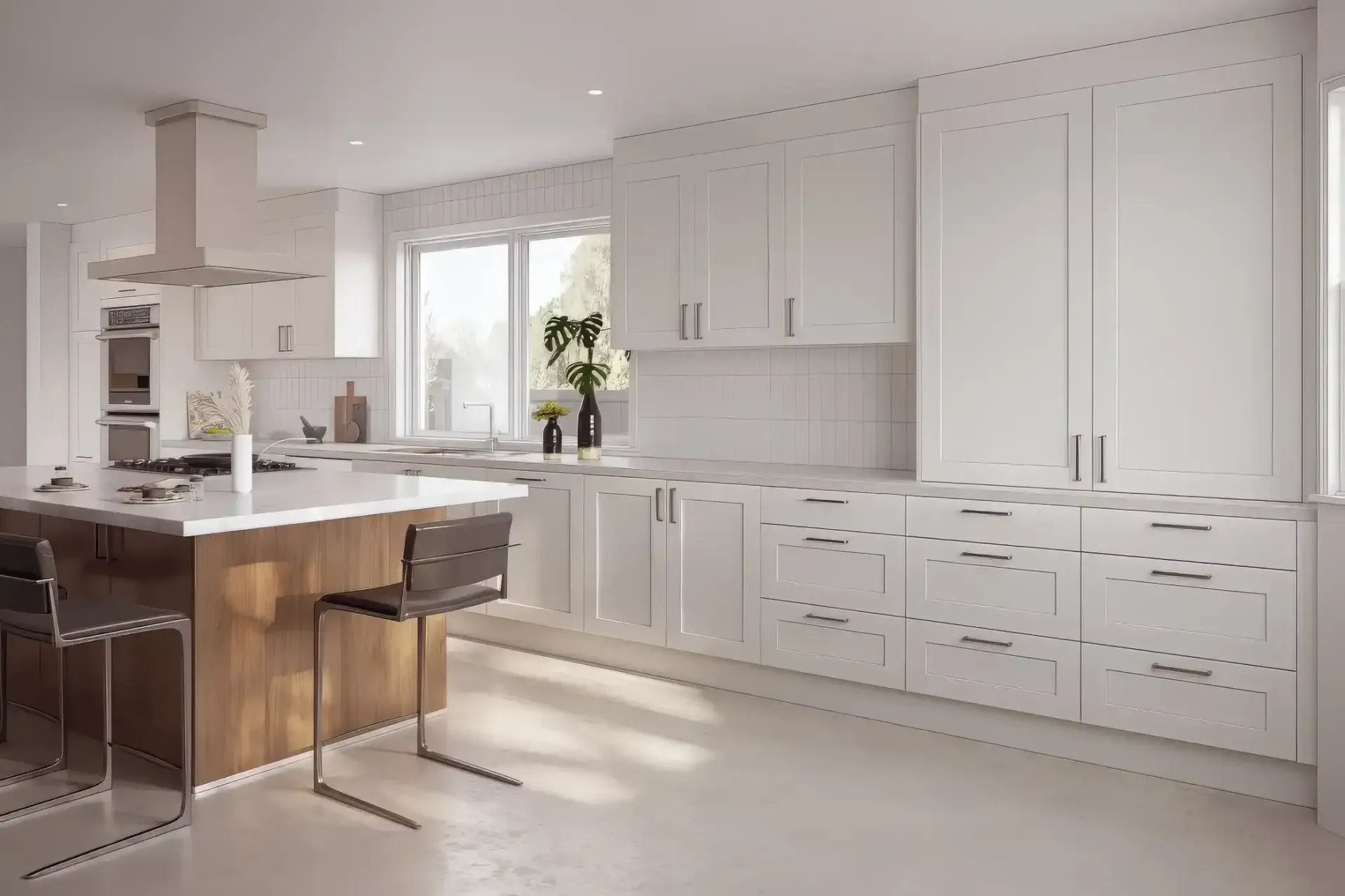 Gray flat-panel cabinet door with a horizontal groove near the top.