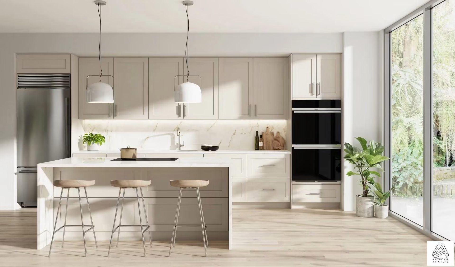Bright modern kitchen with white cabinets, island seating, pendant lights, and large windows overlooking greenery