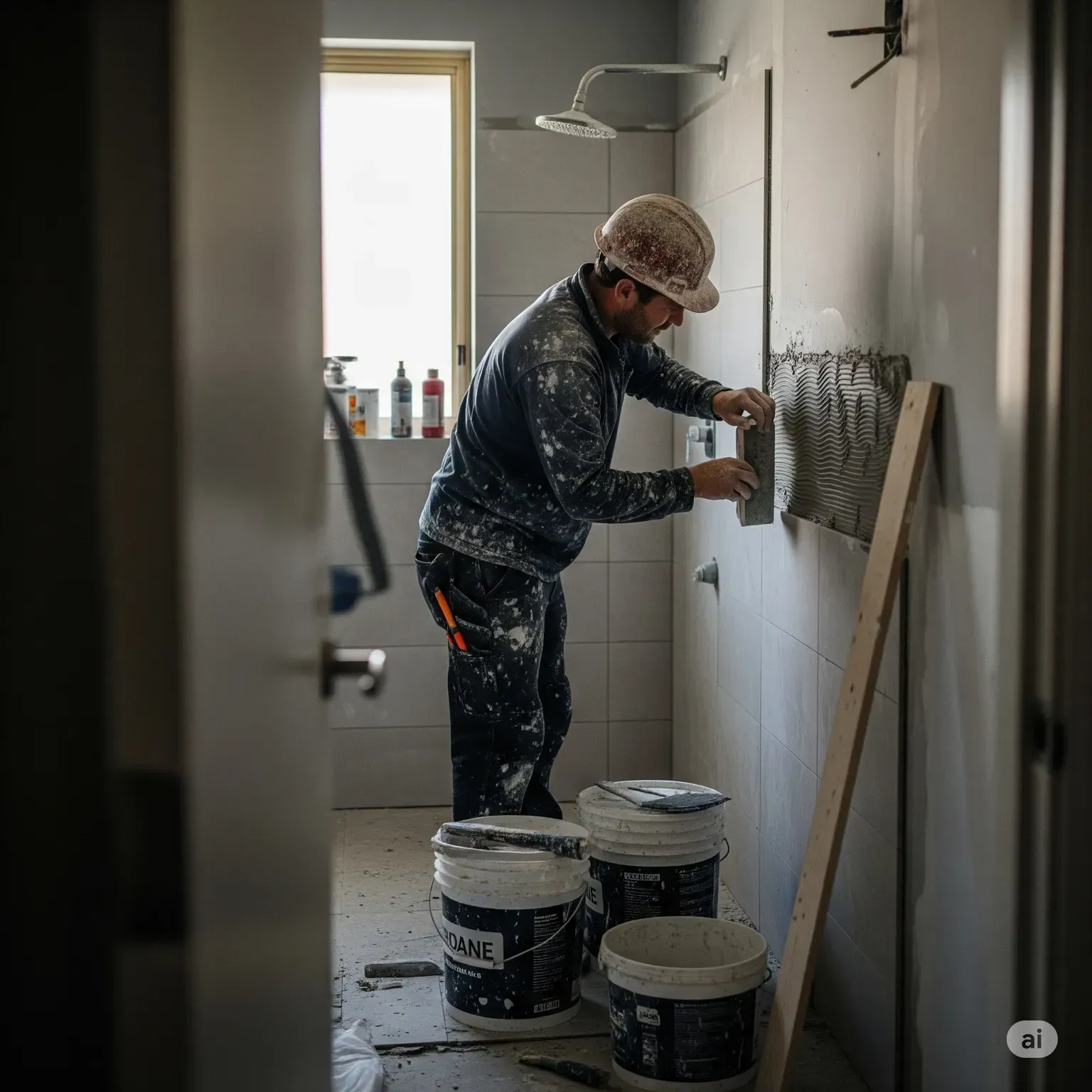 Tradie applying tiles in a bathroom during mid-stage renovations”