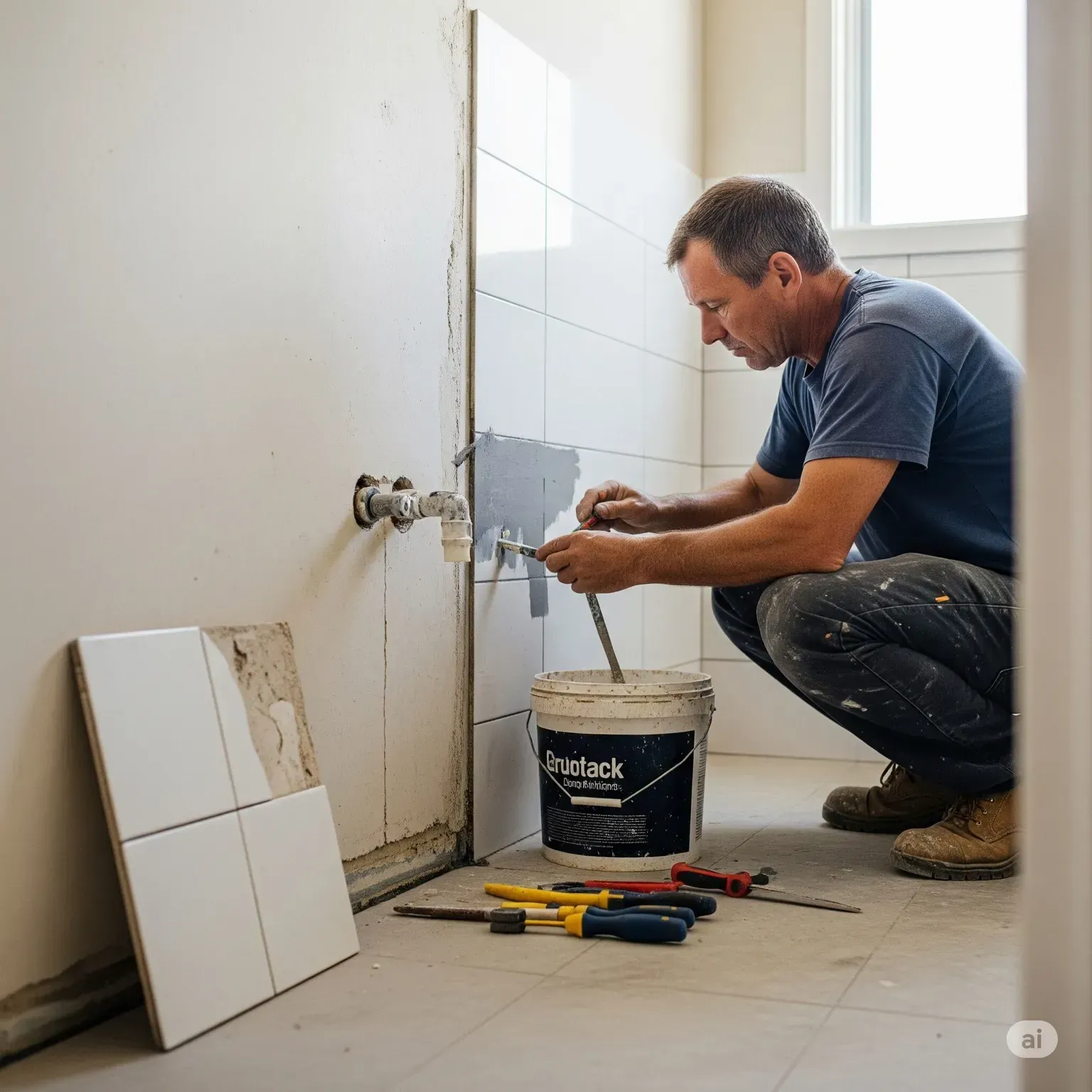 Licensed bathroom renovator tiling a bathroom wall in Mosman.
