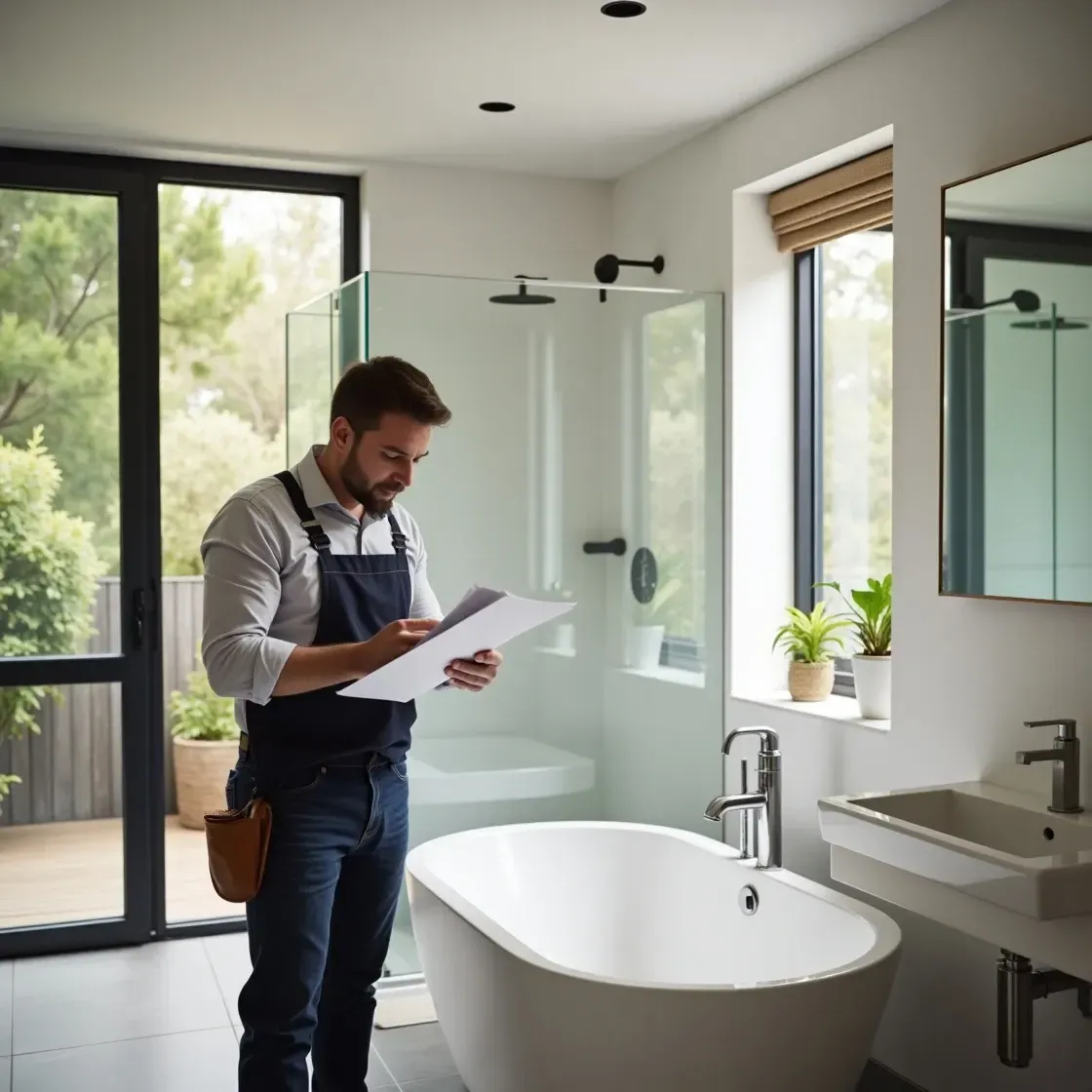 Tradie reviewing bathroom plans on-site in a freshly tiled ensuite in Neutral Bay”
