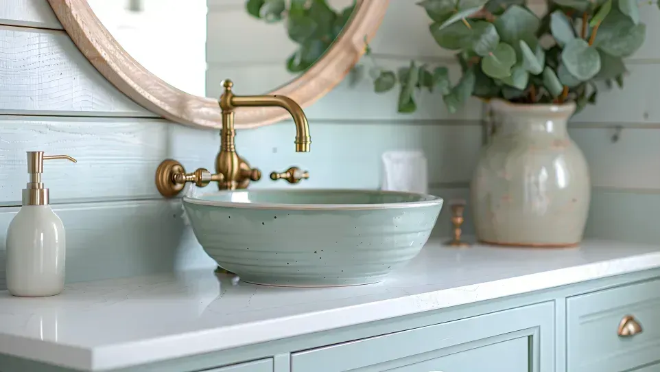 Close-up of designer ceramic basin with brushed gold wall tap and fresh eucalyptus coastal style in luxury Mosman renovation”