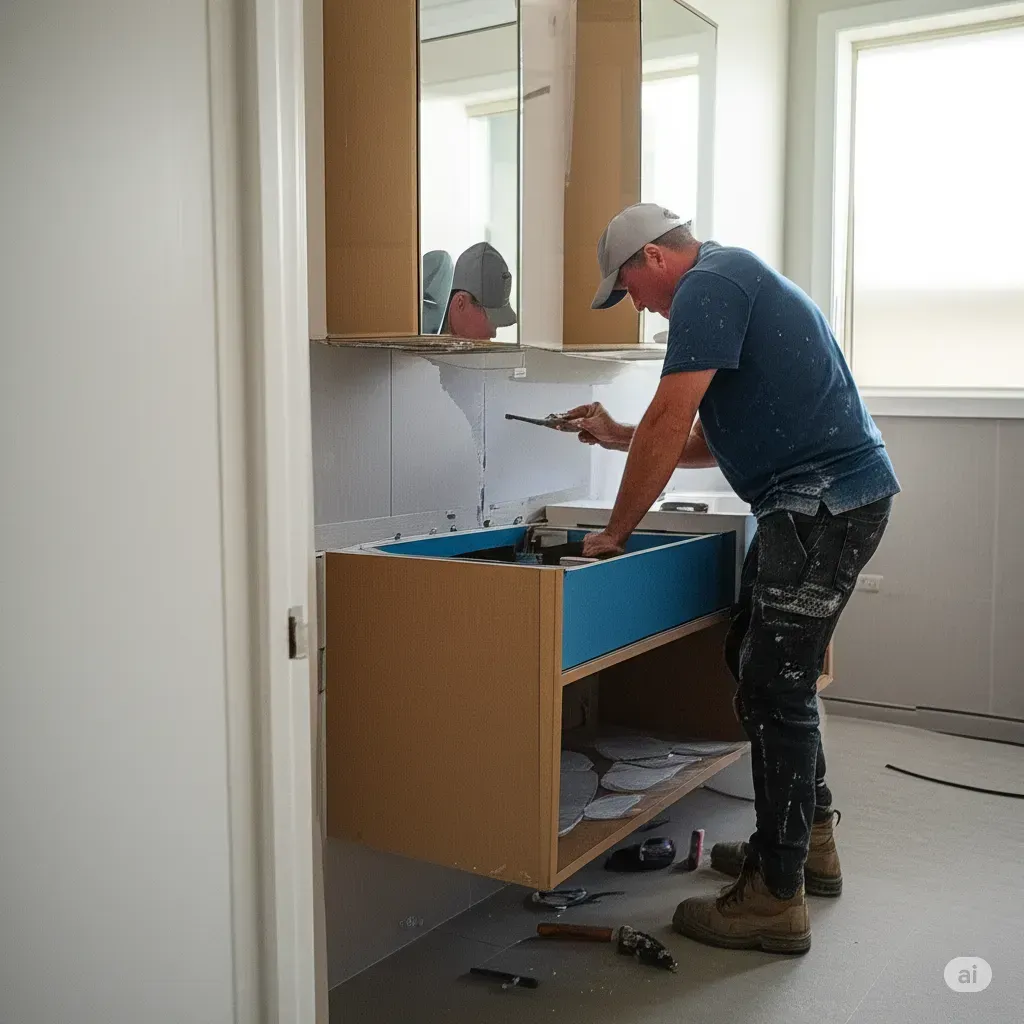 Bathroom renovators installing a vanity unit in a Mosman home with natural light.
