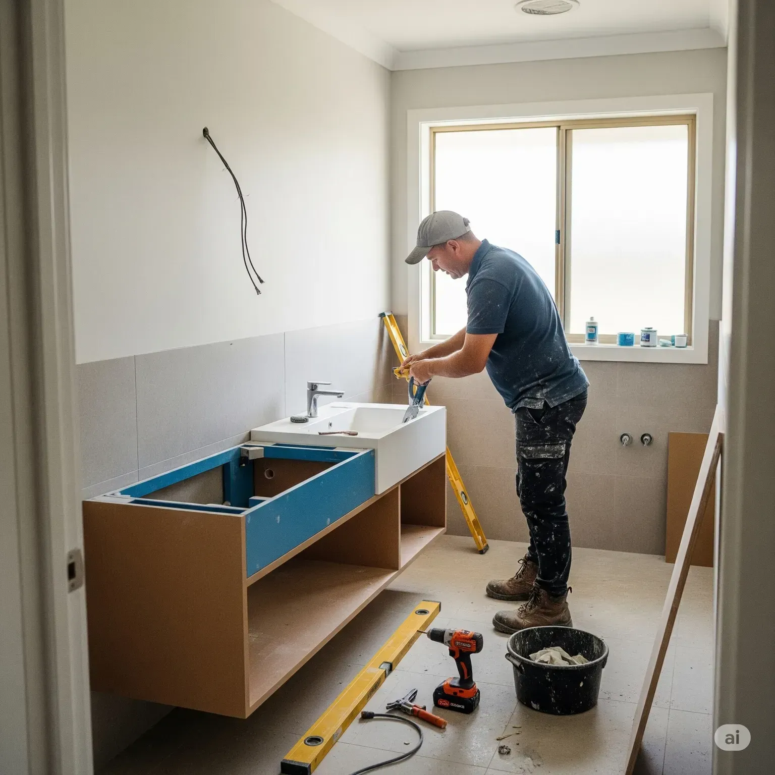Vanity cabinet installation in progress by a tradesman in a Lower North Shore bathroom”
