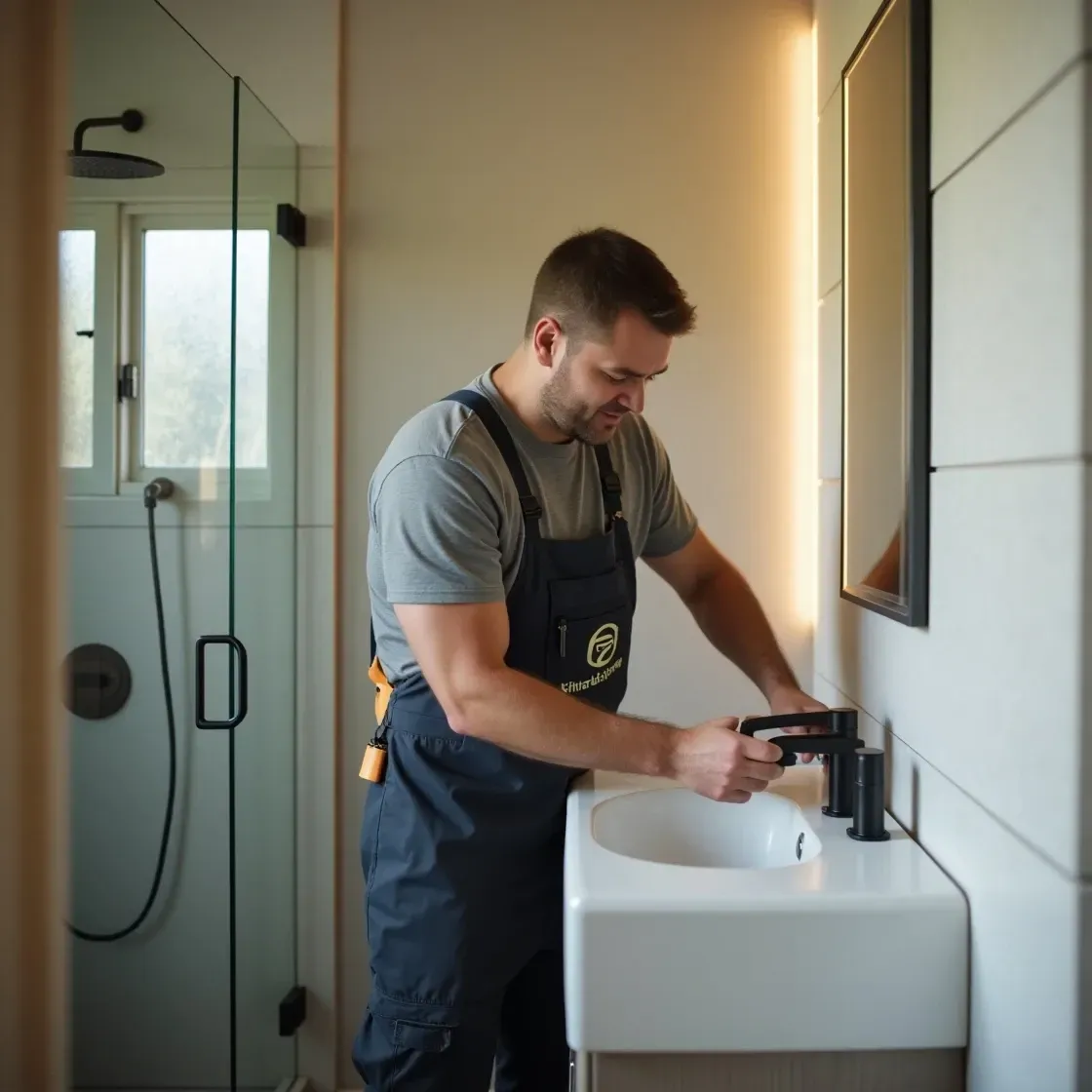 Plumber adjusting sink tap in modern North Shore home.
