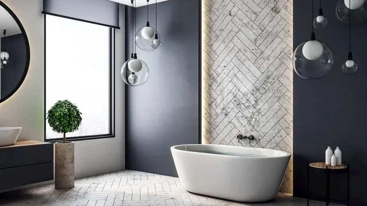 A bathroom with a tub , sink , mirror and window.