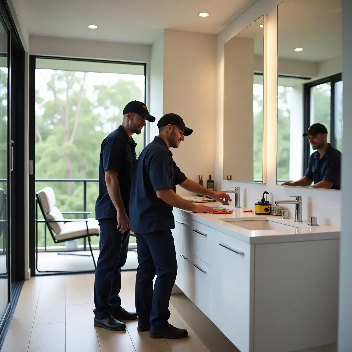 Dual-sink vanity installation in a bright bathroom in Neutral Bay.
