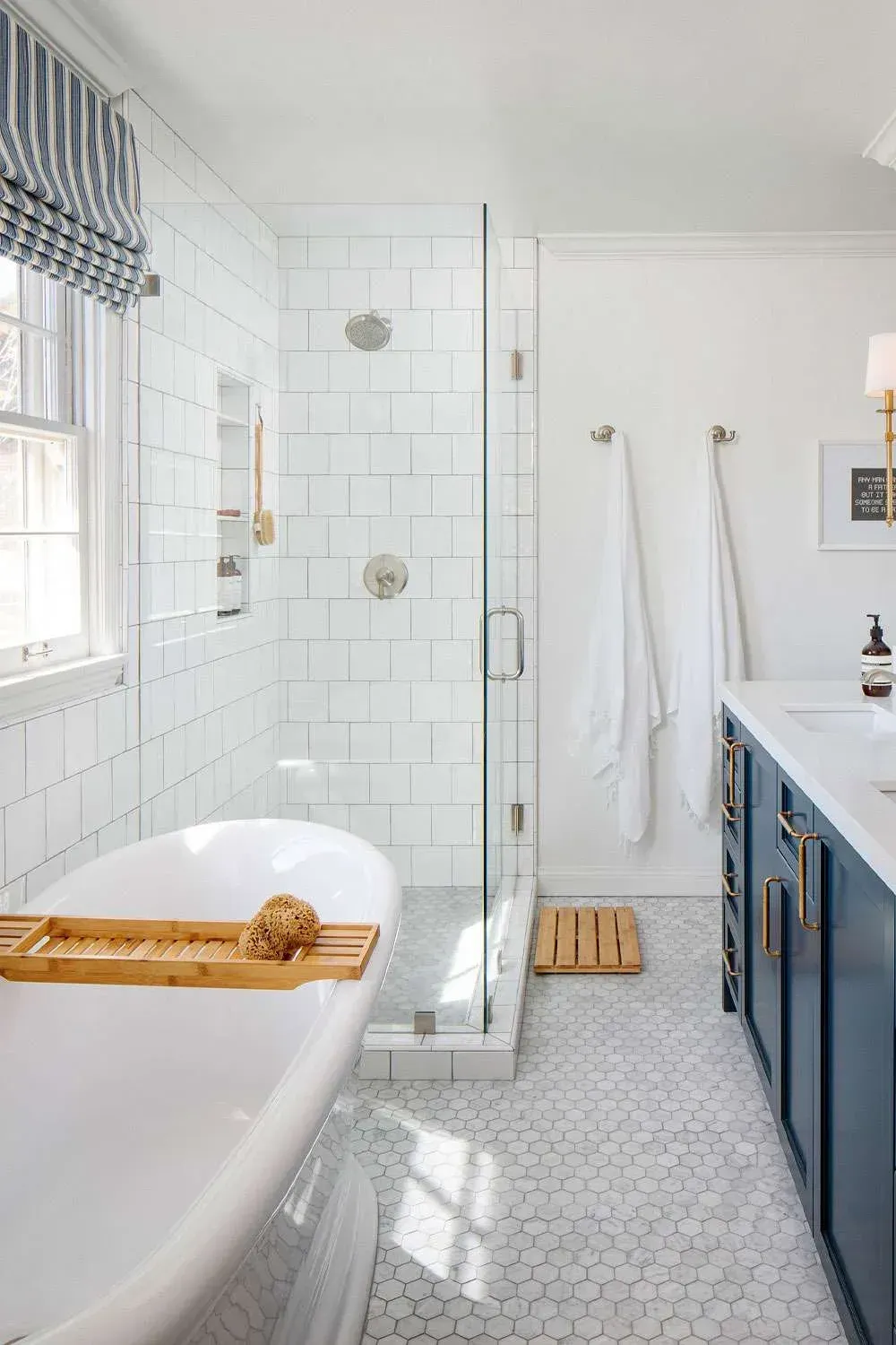 Neutral Bay bathroom luxury marble and beautiful blue cabinetry renovation