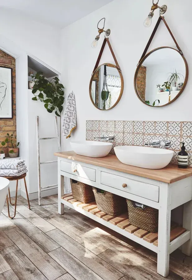 “Freestanding timber vanity and neutral tones and Morrocan tiles in a Lower North Shore bathroom”