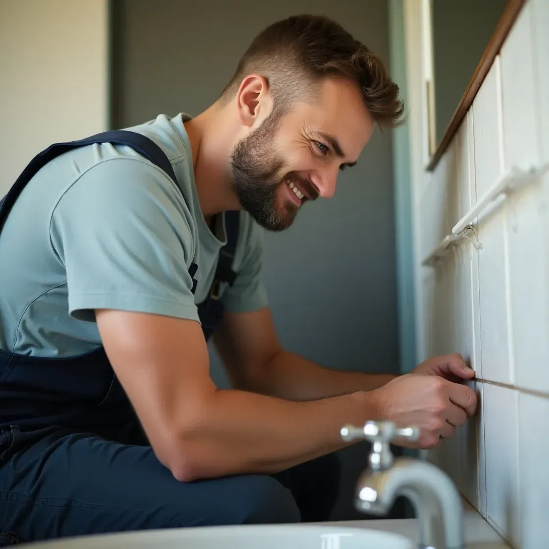 Experienced tiler applying adhesive to bathroom wall tiles.

