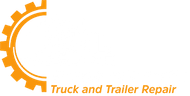 a logo for Emergency truck and trailer repair with an orange gear and white semi graphic