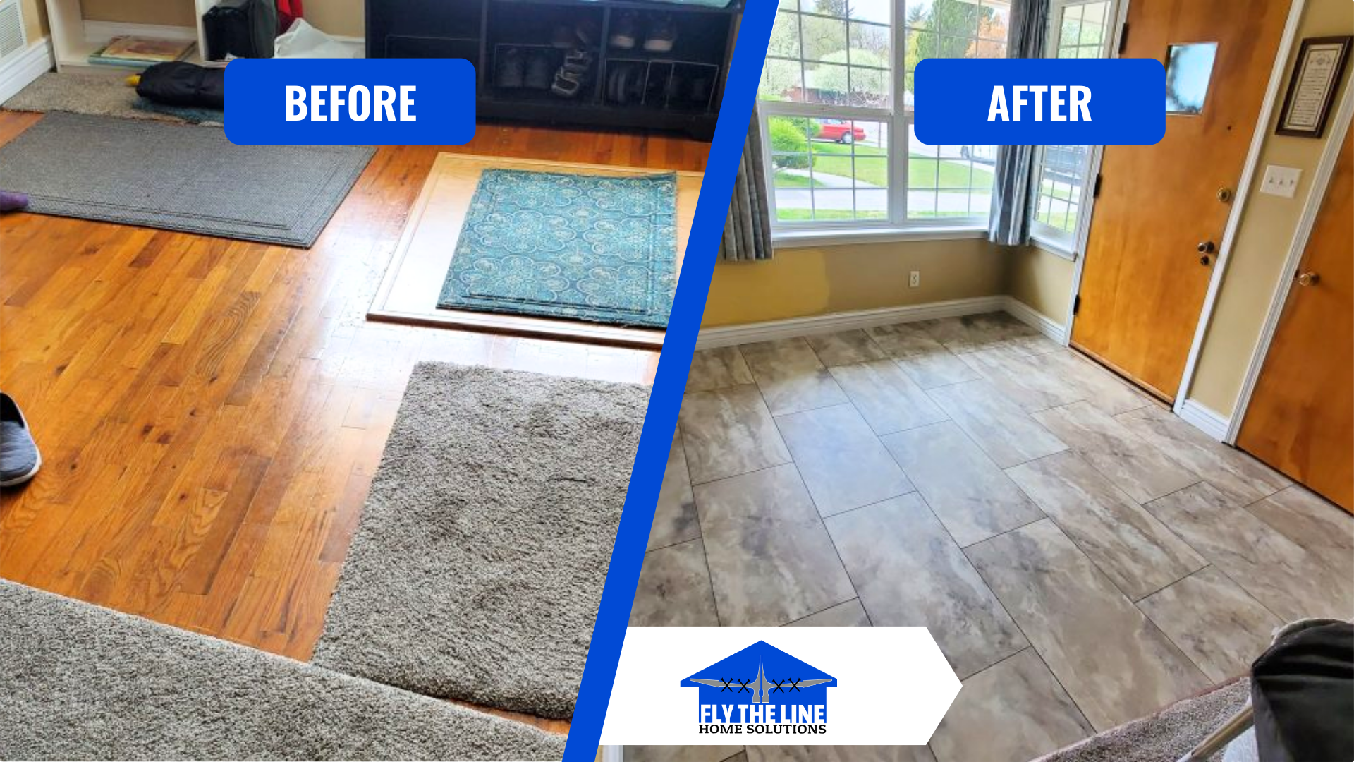 Side-by-side comparison of a room before and after flooring renovation. Before: wood floor with rugs. After: new, light-colored flooring.