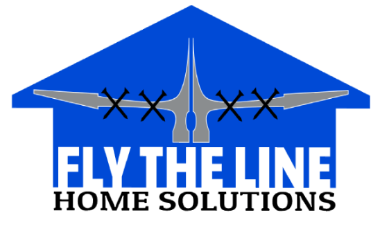 Blue house shape with airplane silhouette, text reads