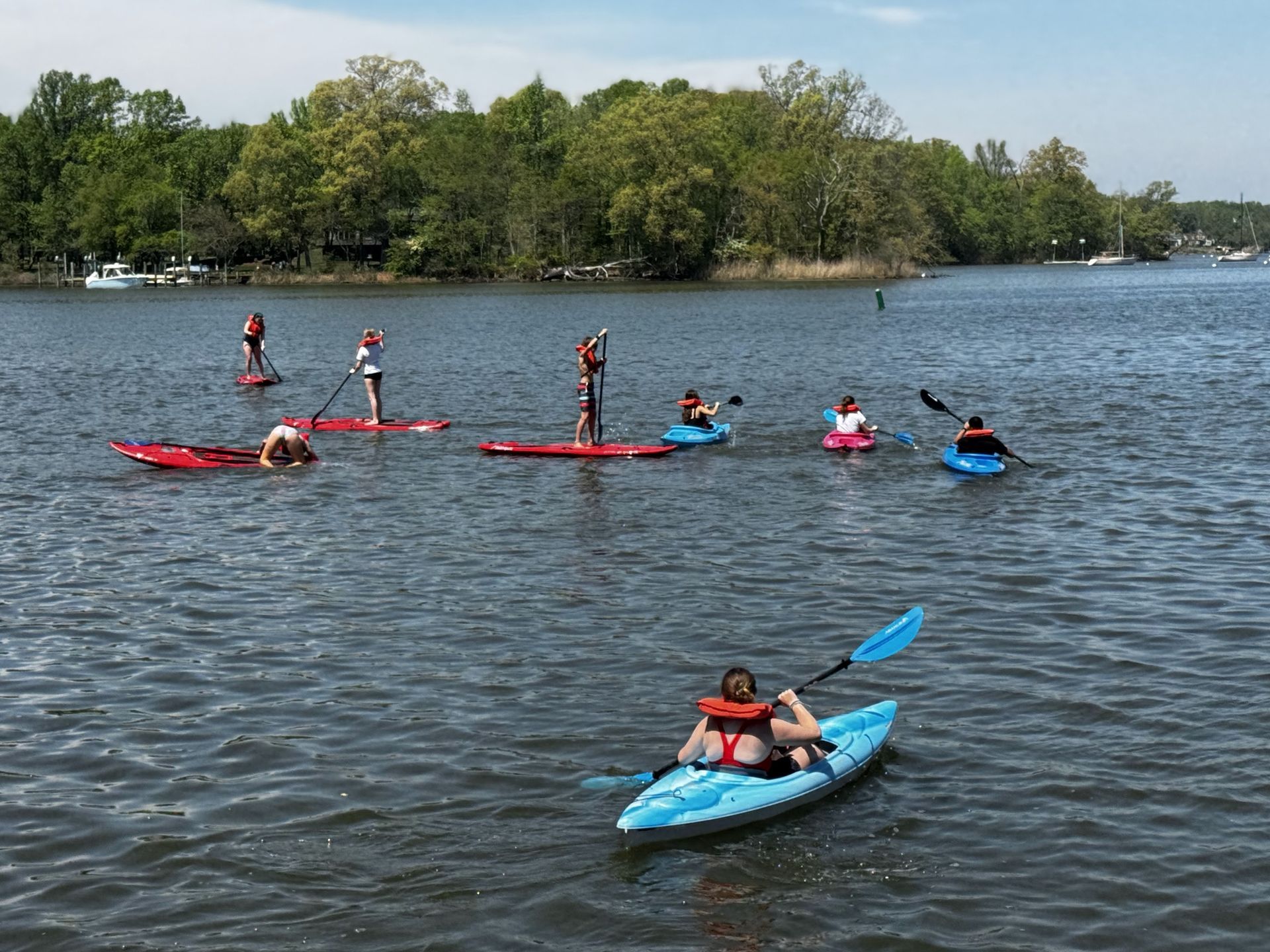 Kayakers and paddleboarders on a lake with trees along the shore