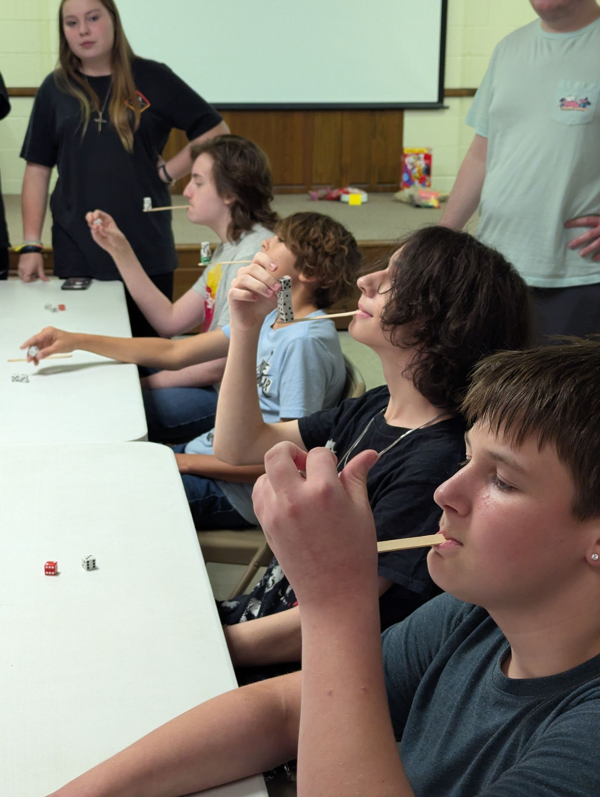 Youth playing a game with sticks, possibly a contest. Sitting at a table, focused expressions, in a room.