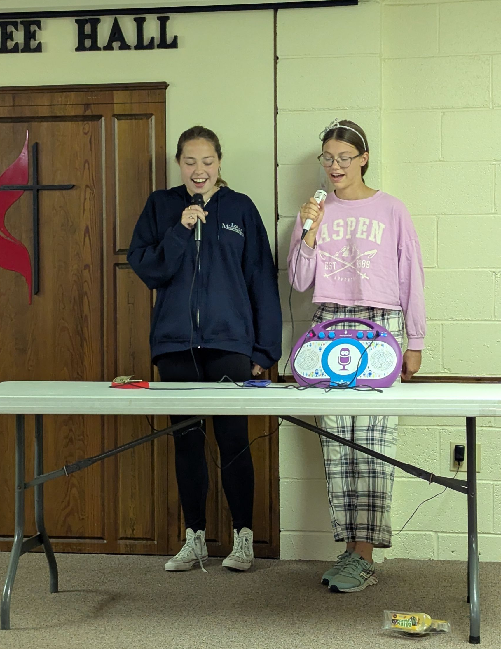 Two people singing karaoke at a table; one wears a blue jacket, the other a pink sweater.