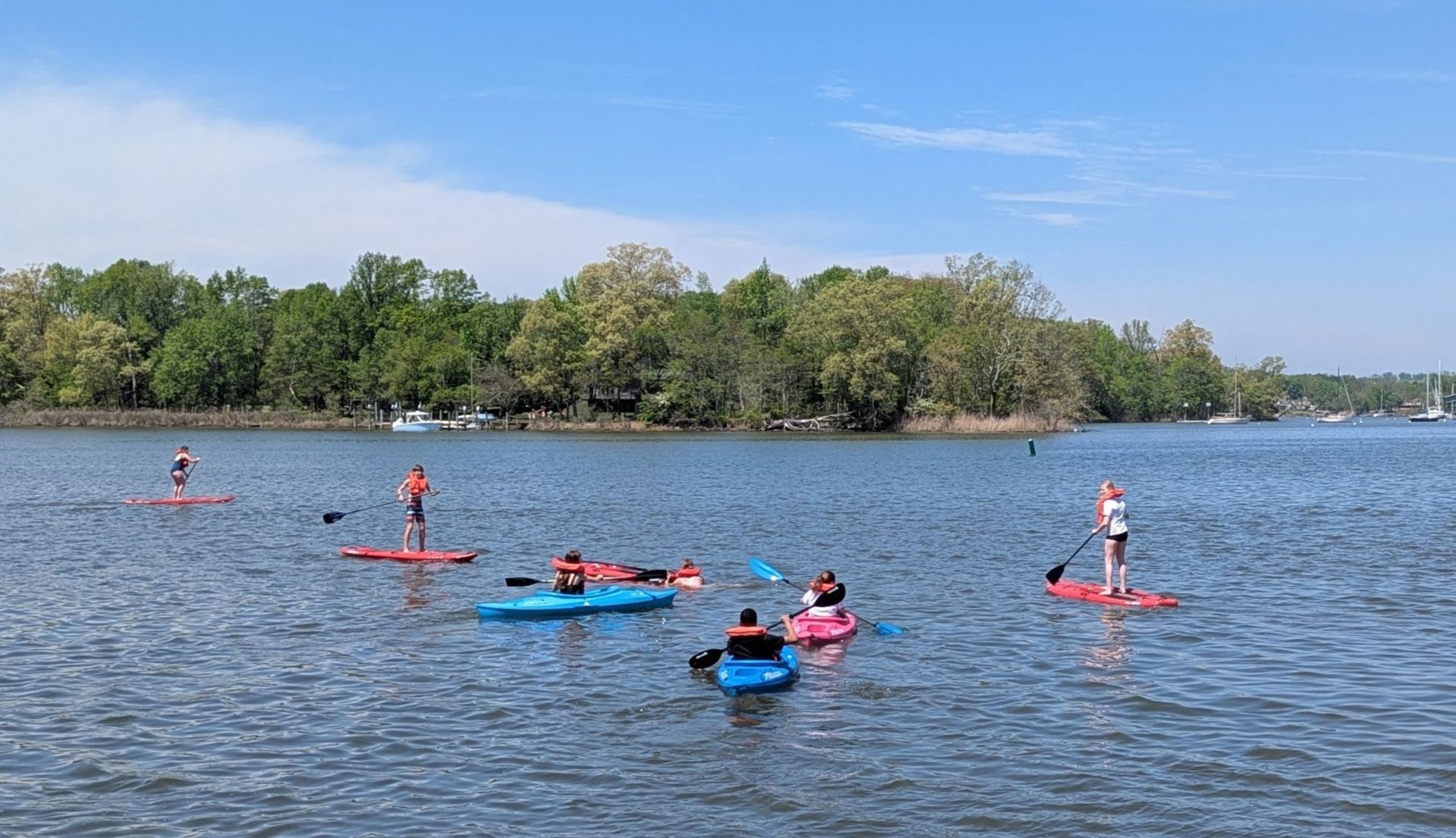 Kayakers on a calm lake near a tree-lined shore under a blue sky