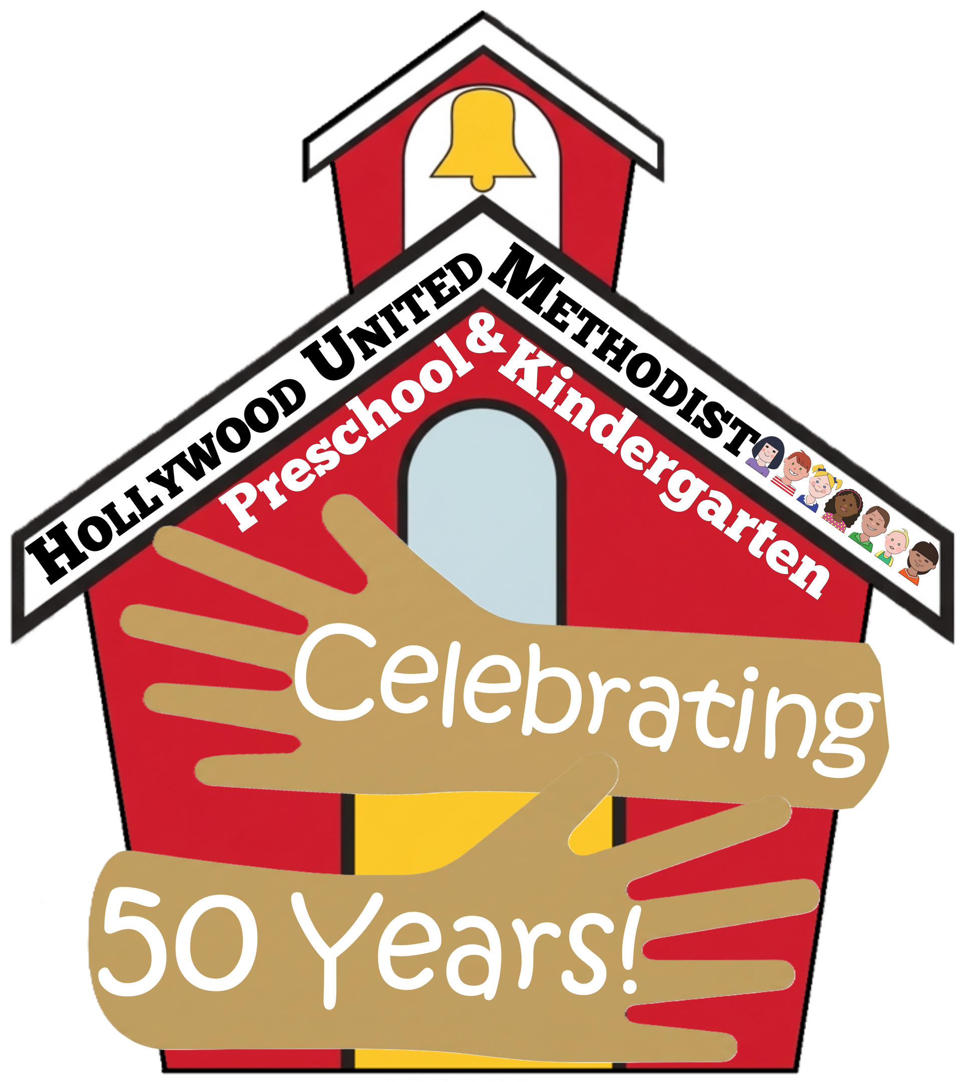 Hollywood United Methodist Preschool and Kindergarten sign celebrating 50 years with red, yellow, and white design