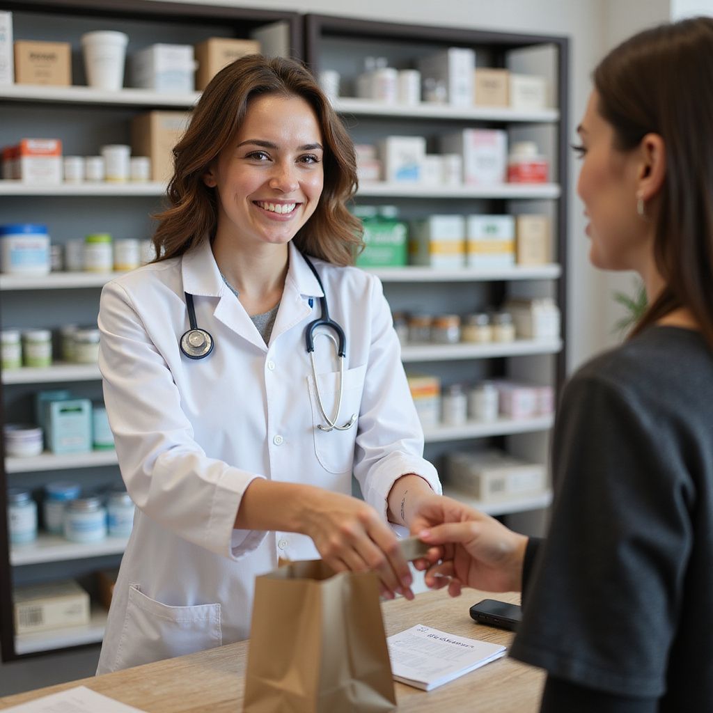 Een apotheker overhandigt een medicijntas aan een klant bij de apotheekbalie. Hij lacht, en op de achtergrond staan schappen vol met medicijnen.