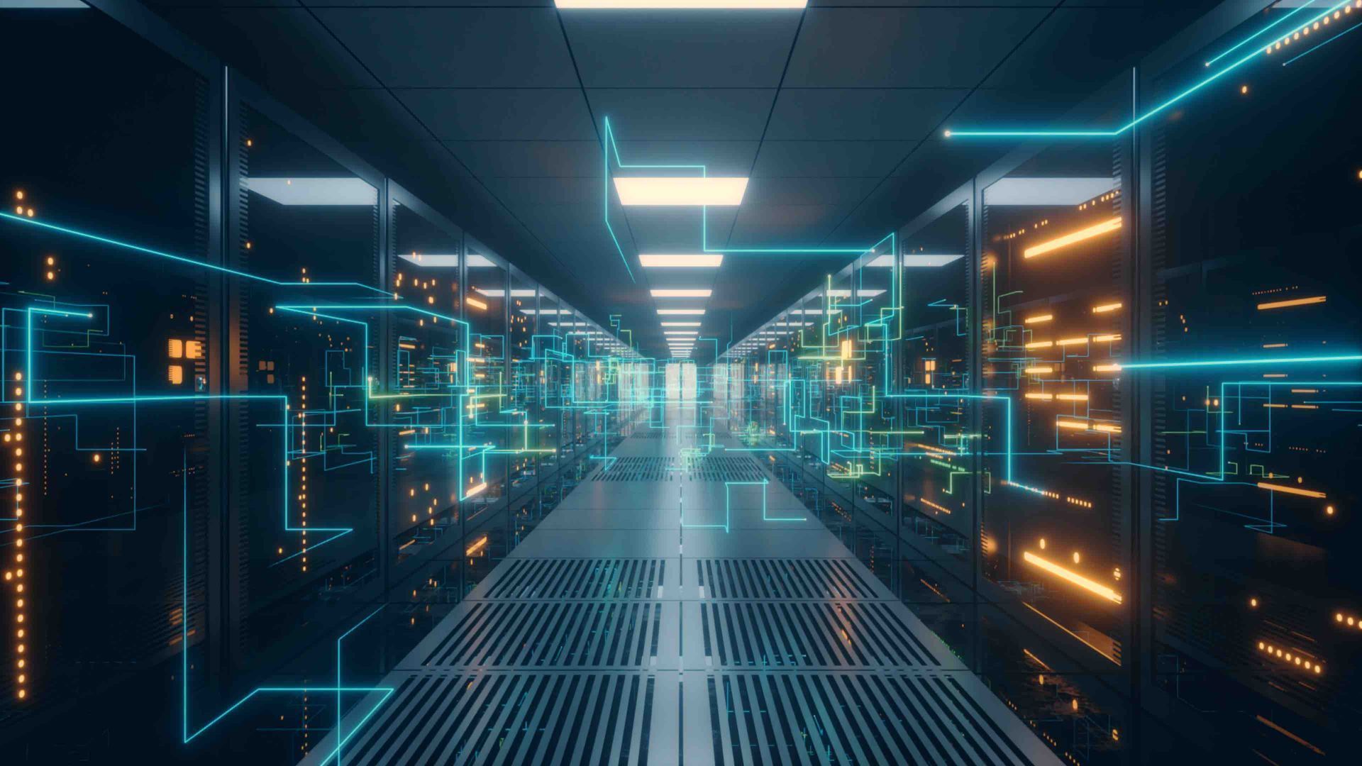 A server room filled with lots of servers and lights.