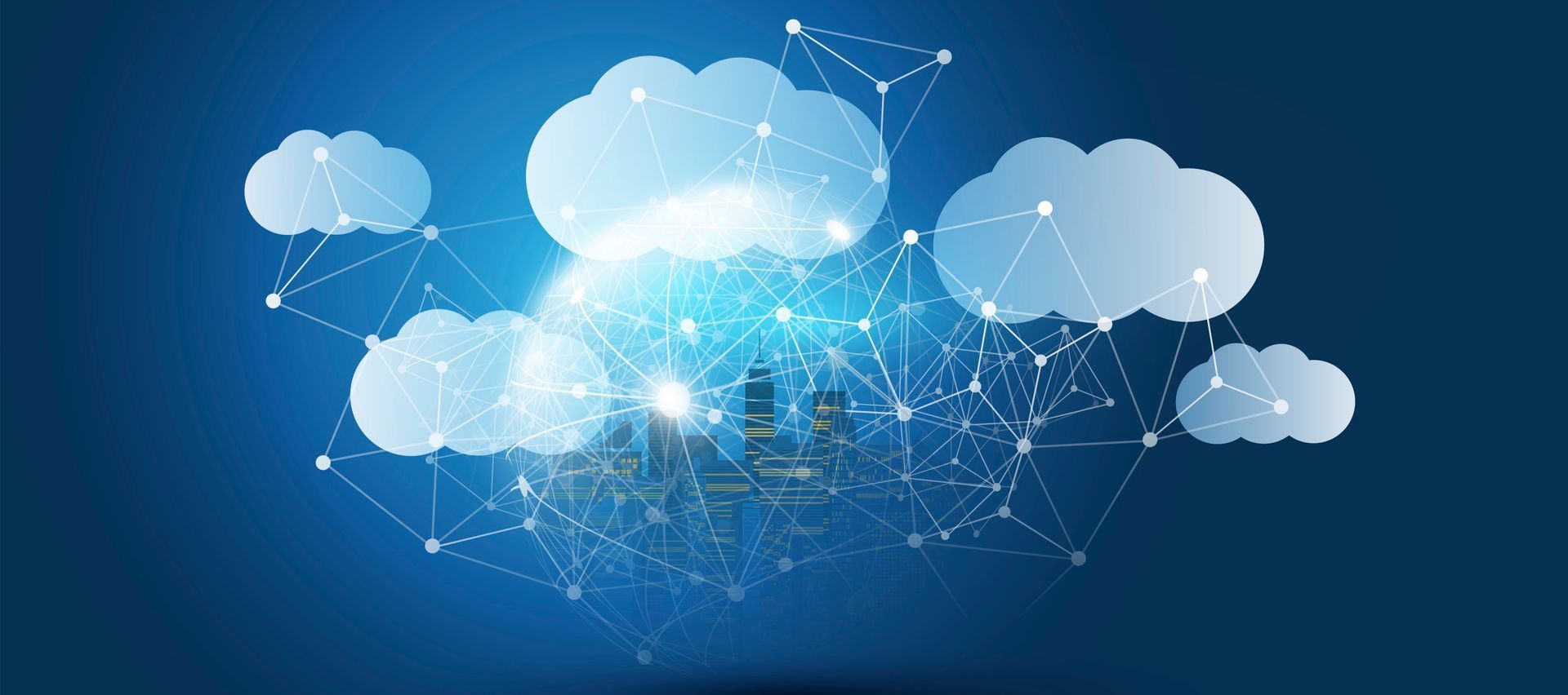 A city is surrounded by clouds on a blue background.