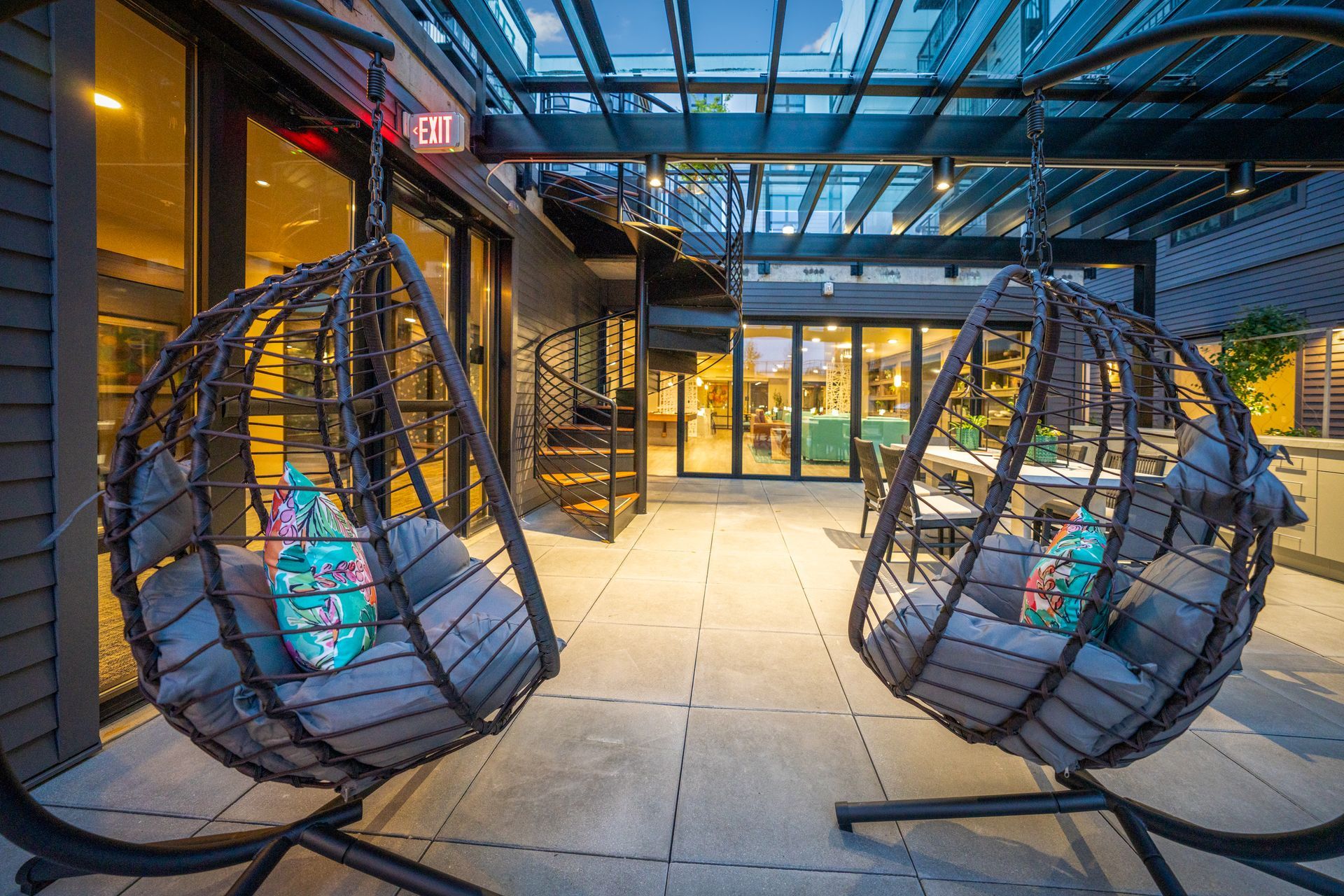 outdoor seating area with egg chairs