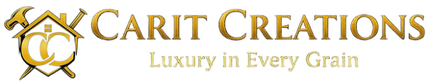 Gold "Carit Creations" logo with stylized C emblem and tagline “Luxury in Every Grain”