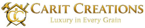 Gold "Carit Creations" logo with stylized C emblem and tagline “Luxury in Every Grain”