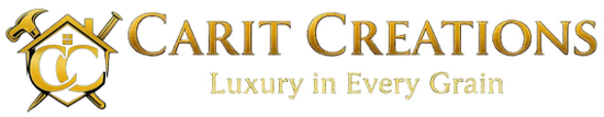 Gold "Carit Creations" logo with stylized C emblem and tagline “Luxury in Every Grain”